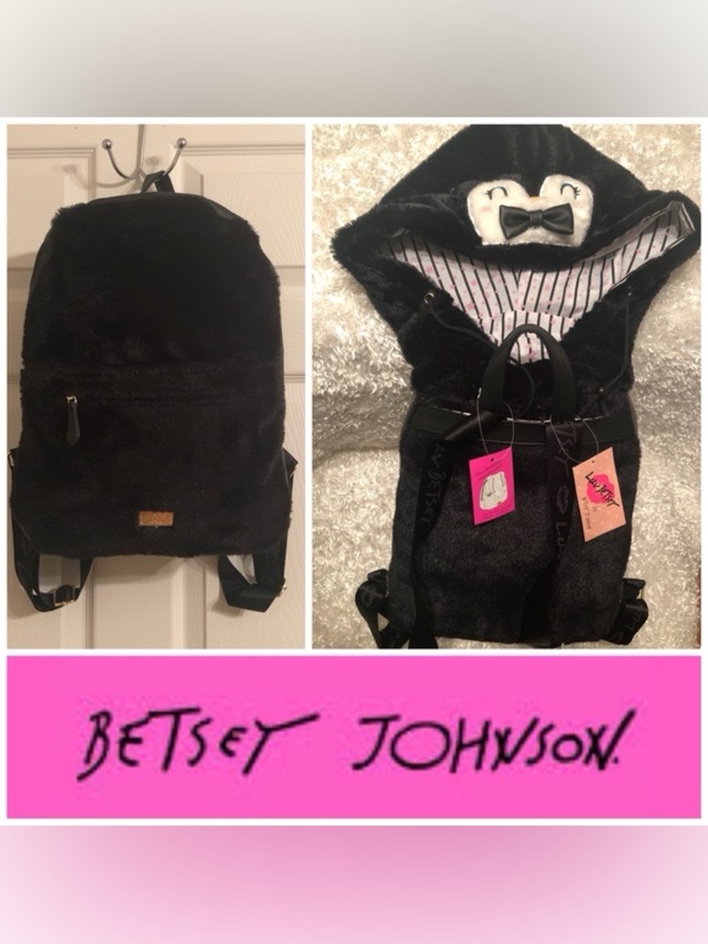 Betsey Johnson Black Faux Fur Kids Backpack with Penguin Hood Accent